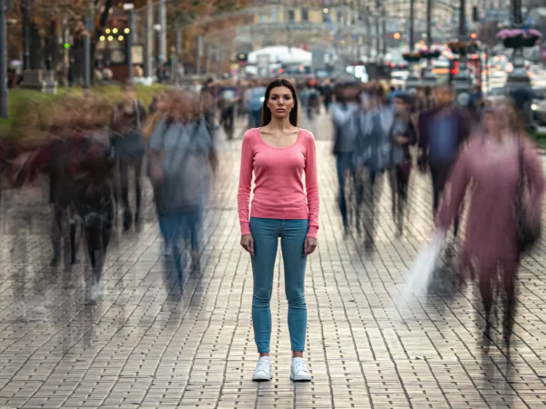 Woman Standing Busy Street